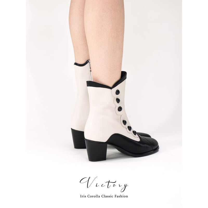 Victorian Round Toe Buttoned Short Boots - Black Ivory[2025年11月上旬-11月下旬発送予定]