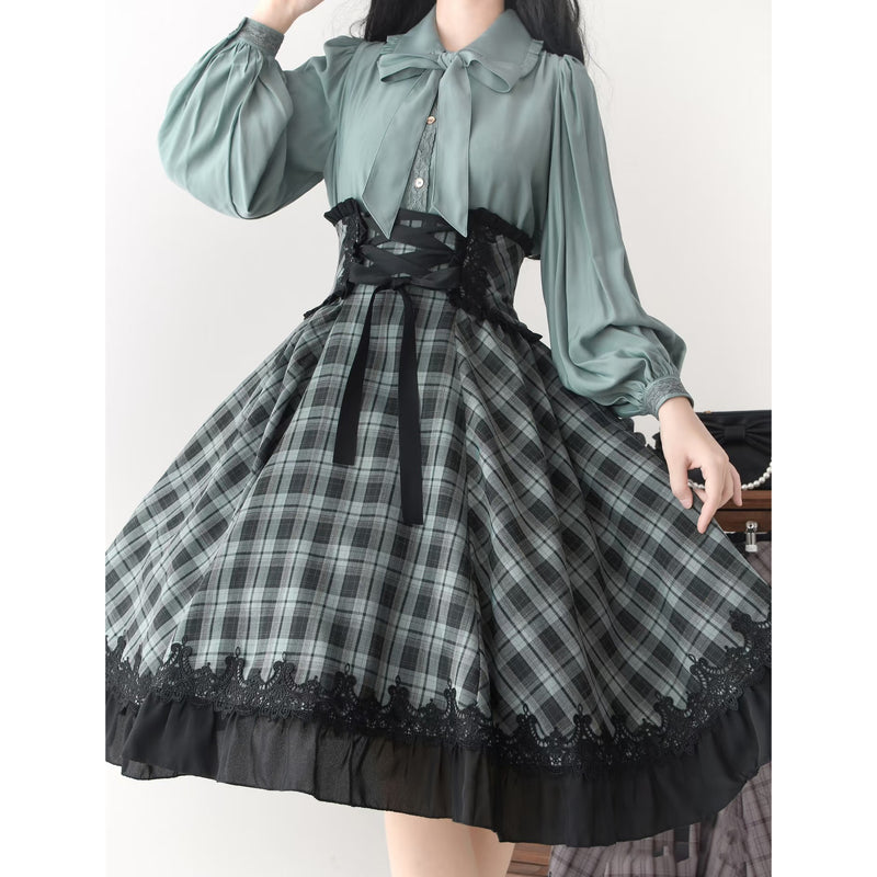 灰緑の格子柄コルセットスカート[2026年3月下旬-4月下旬発送予定]