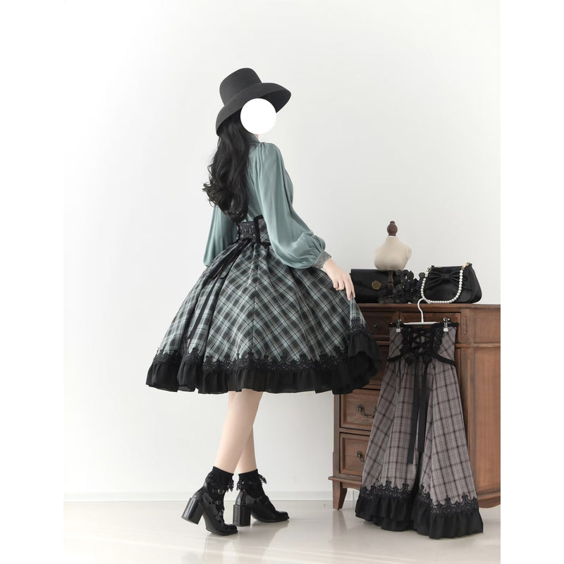 灰緑の格子柄コルセットスカート[2026年3月下旬-4月下旬発送予定]
