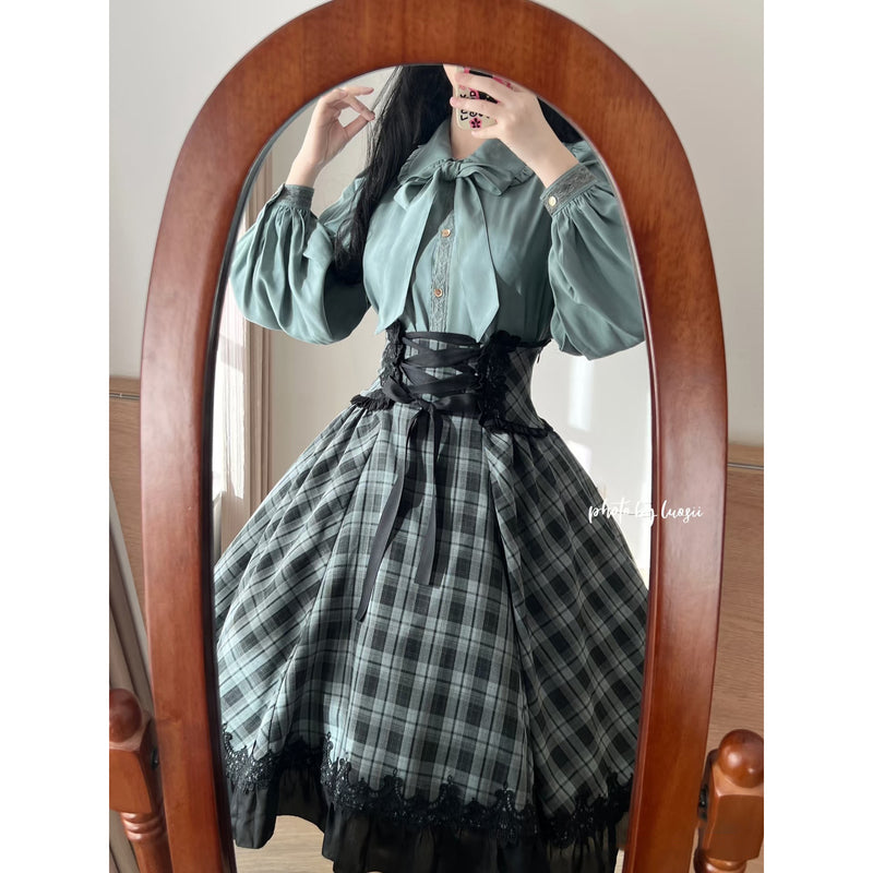 灰緑の格子柄コルセットスカート[2026年3月下旬-4月下旬発送予定]