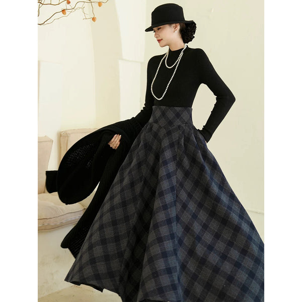 映画女優の格子柄ハイウエストロングスカート