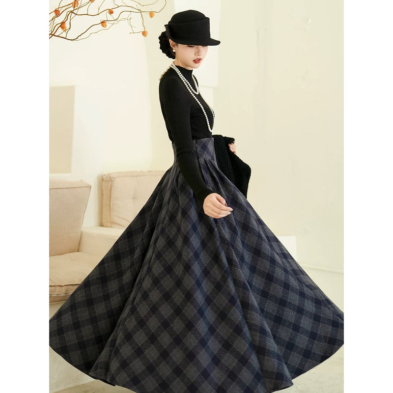 映画女優の格子柄ハイウエストロングスカート