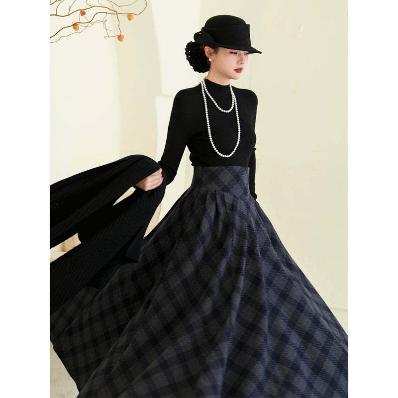 映画女優の格子柄ハイウエストロングスカート