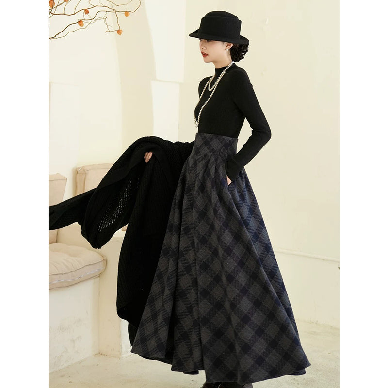 映画女優の格子柄ハイウエストロングスカート