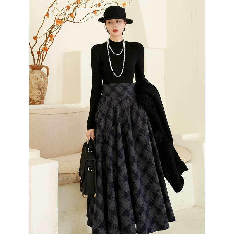 映画女優の格子柄ハイウエストロングスカート