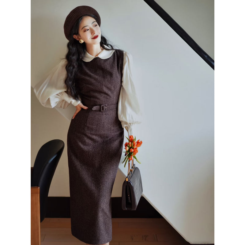 焦茶色の貴婦人ツイードワンピース