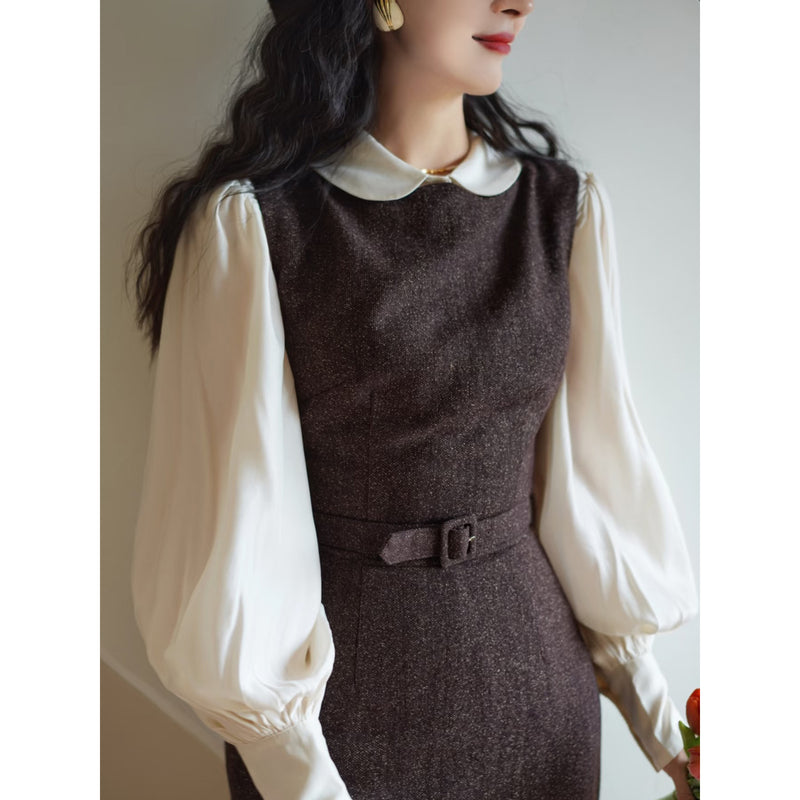 焦茶色の貴婦人ツイードワンピース