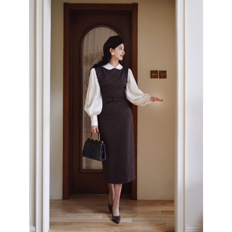 焦茶色の貴婦人ツイードワンピース