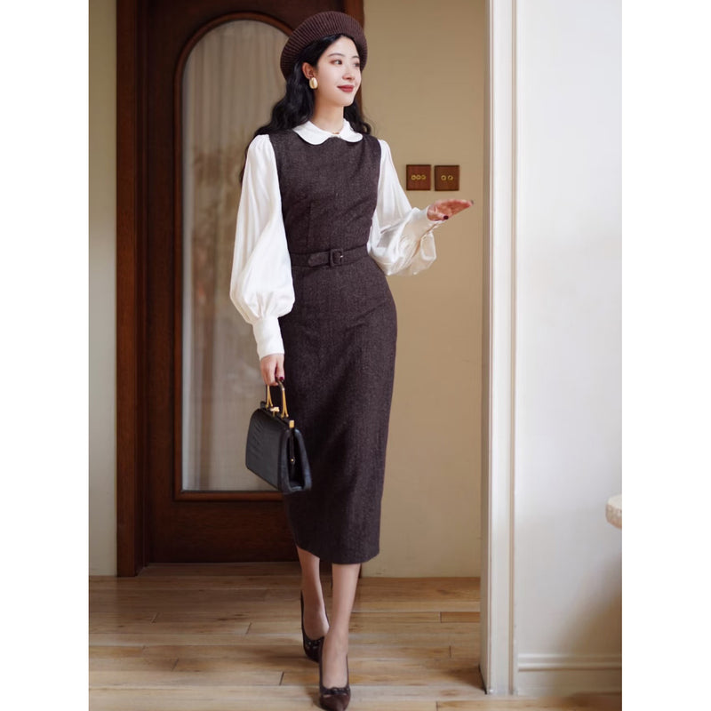 焦茶色の貴婦人ツイードワンピース