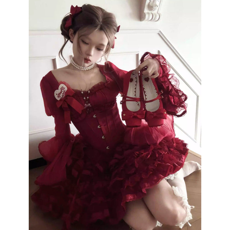 Square-toe Satin Ribbon Ballet Shoes - Bright Red[2025年11月上旬-12月上旬発送予定]