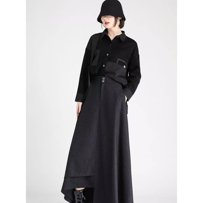 Black Asymmetrical Long Umbrella Skirt