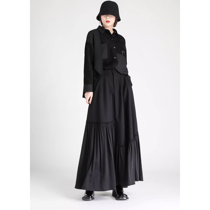 Black Patchwork Long Pleated Skirt