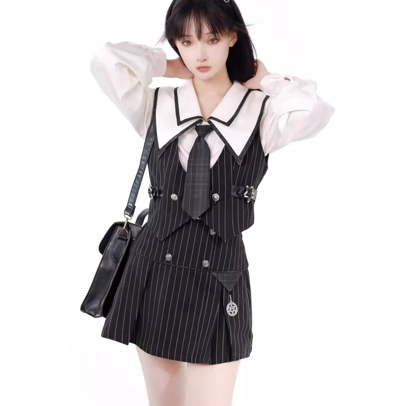Black Striped Literary Girl Top and Bottoms