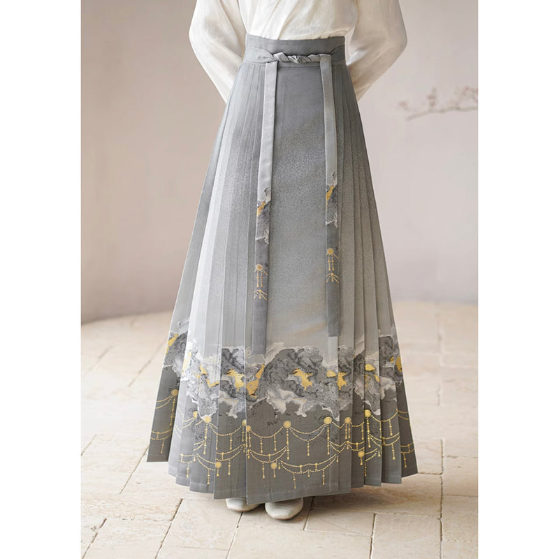 灰銀の水墨画ロングプリーツスカート