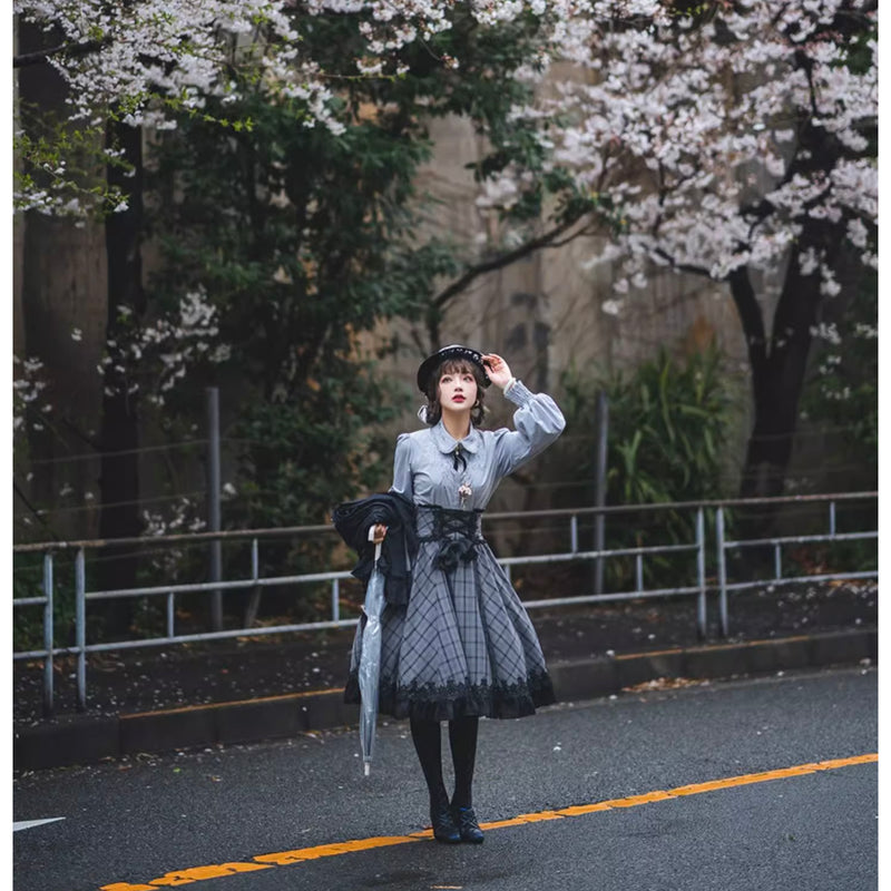 薄墨の格子柄コルセットスカート[2026年3月下旬-4月下旬発送予定]