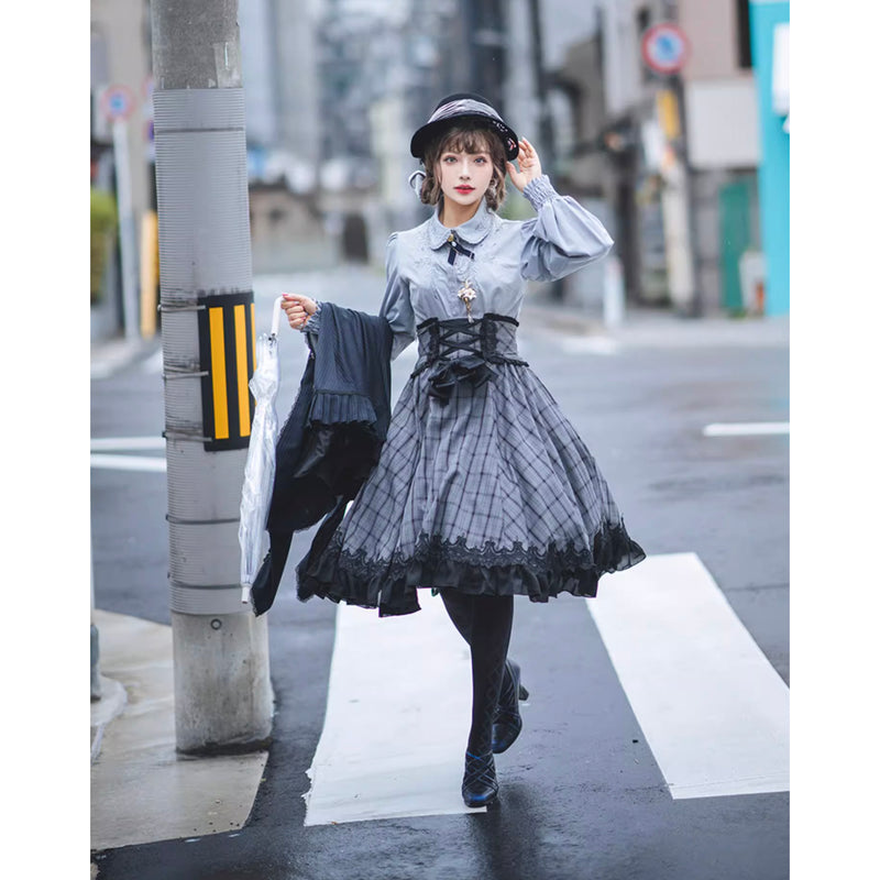 薄墨の格子柄コルセットスカート[2026年3月下旬-4月下旬発送予定]