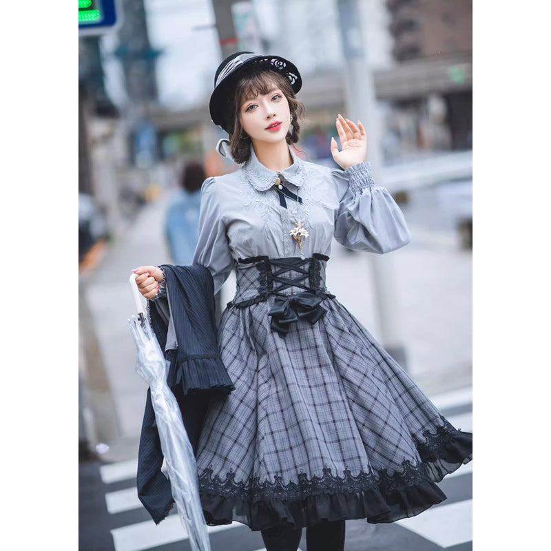 薄墨の格子柄コルセットスカート[2026年3月下旬-4月下旬発送予定]