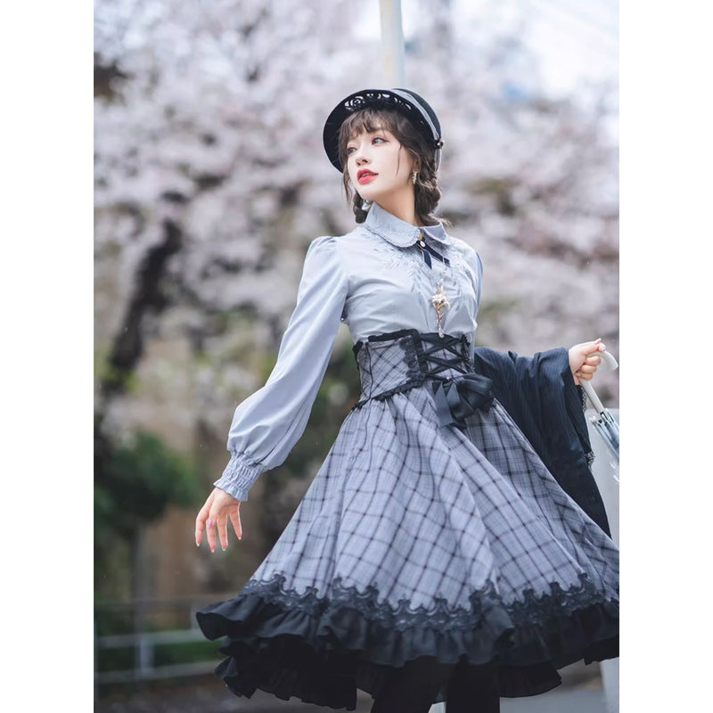 薄墨の格子柄コルセットスカート[2026年3月下旬-4月下旬発送予定]