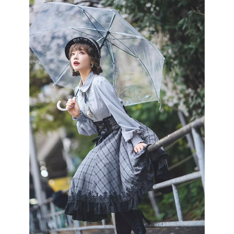 薄墨の格子柄コルセットスカート[2026年3月下旬-4月下旬発送予定]