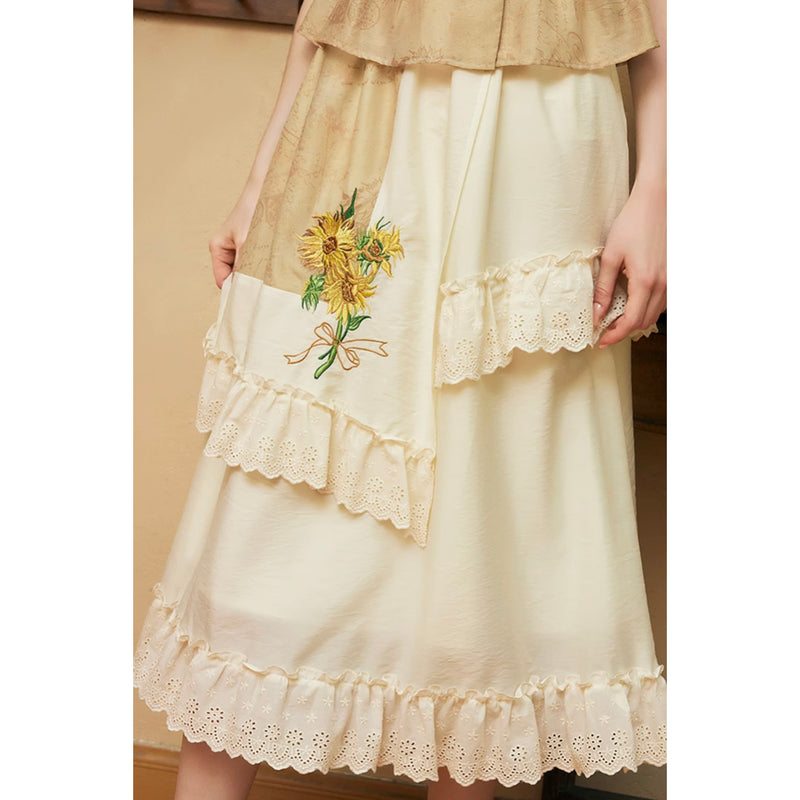 向日葵の花束の刺繍スカート