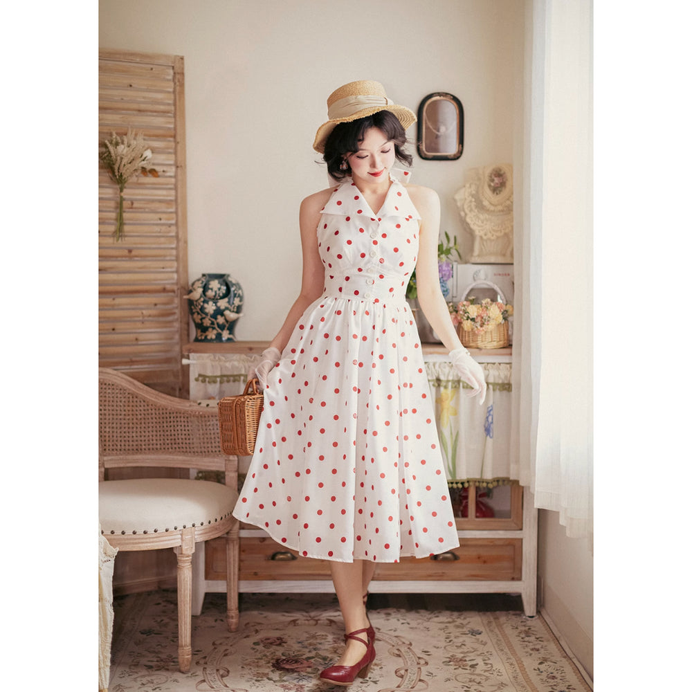 映画女優の水玉柄リボンワンピース - White – ManusMachina