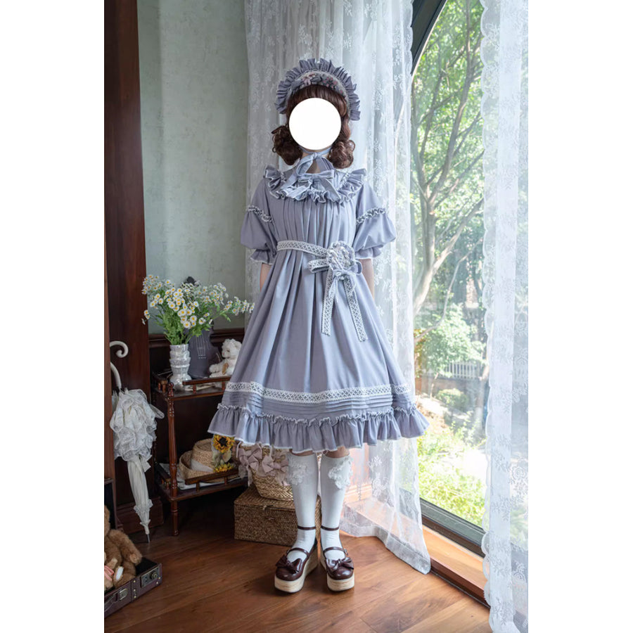 灰紫のお嬢様の刺繍フリルワンピース[2024年10月下旬-11月中旬発送予定 