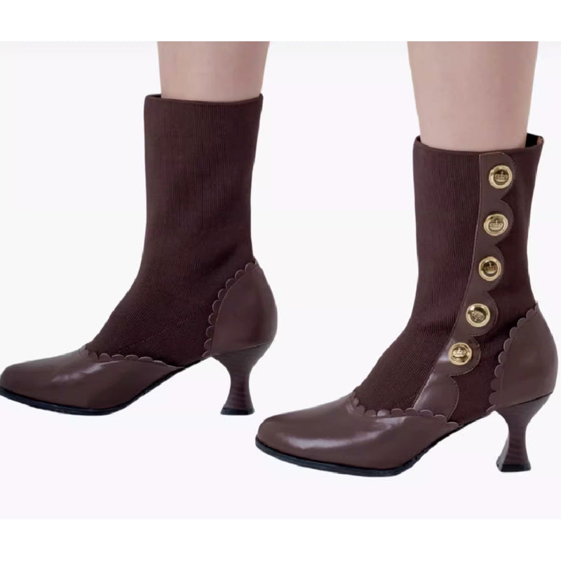 Victorian Knit Socks Heel Button Short Boots - Brown[2024年12月上旬-12月下旬発送予定]