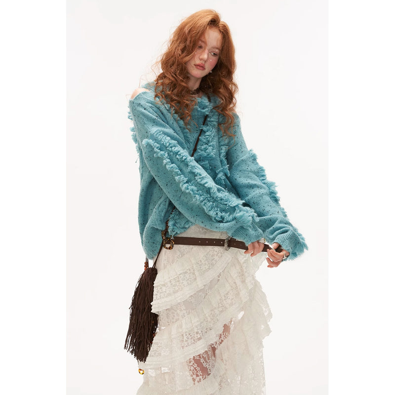 Loose Knitted Sweater with Cable Fringe