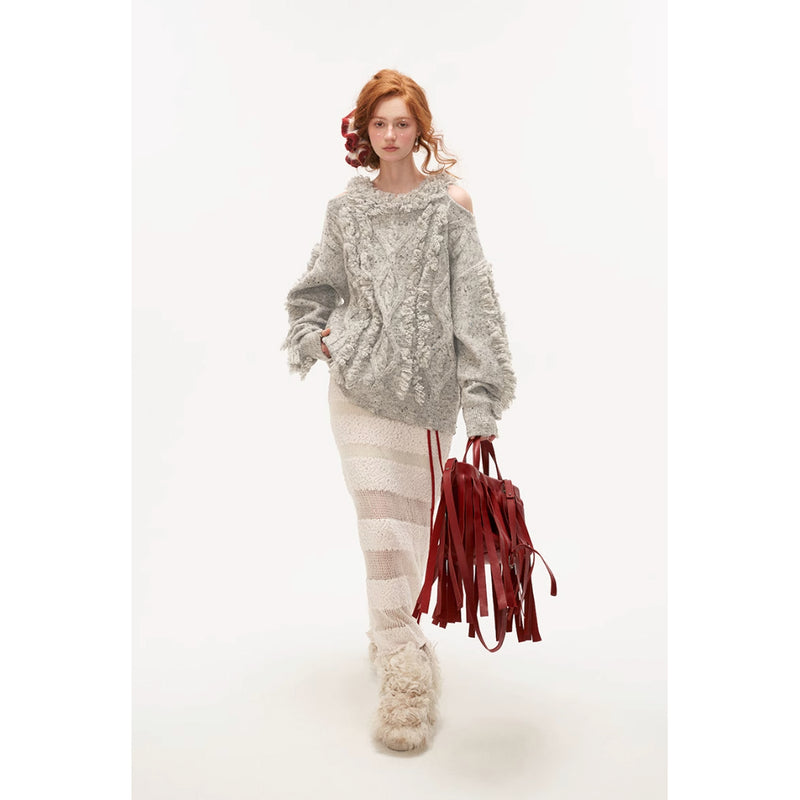 Loose Knitted Sweater with Cable Fringe