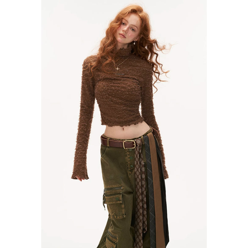 Brown Knitted Turtleneck Slim Top