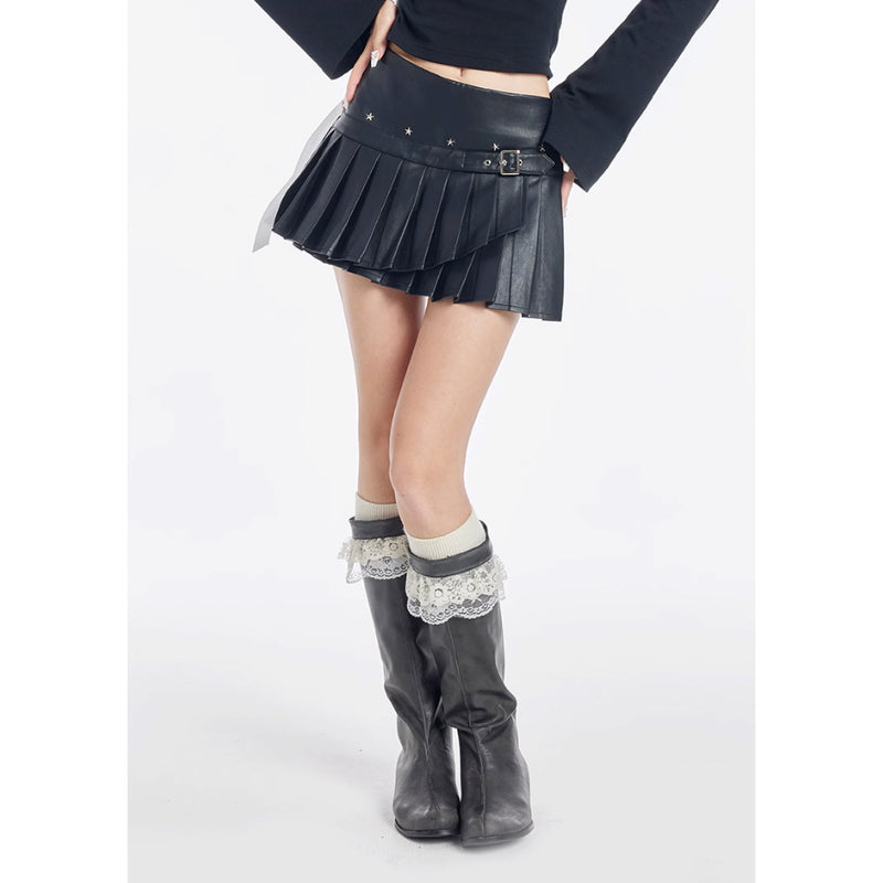 Black Leather Pleated Short Skirt