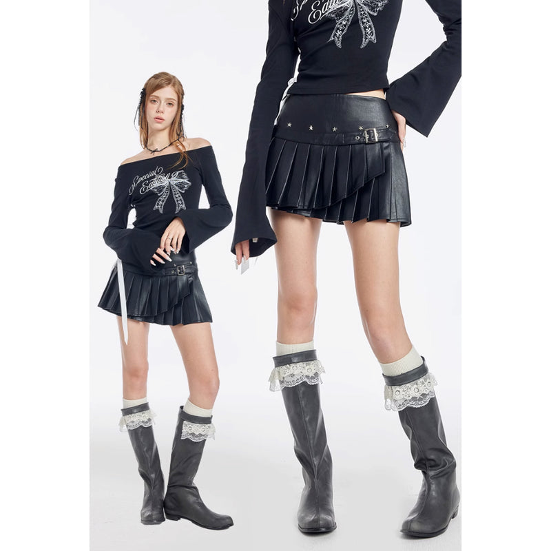 Black Leather Pleated Short Skirt