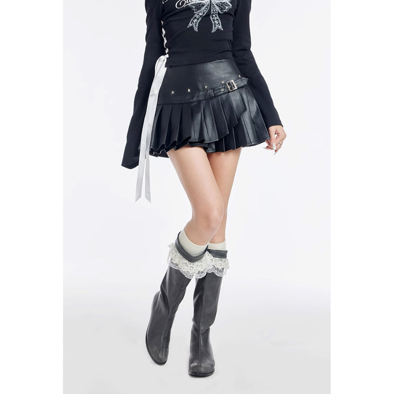 Black Leather Pleated Short Skirt