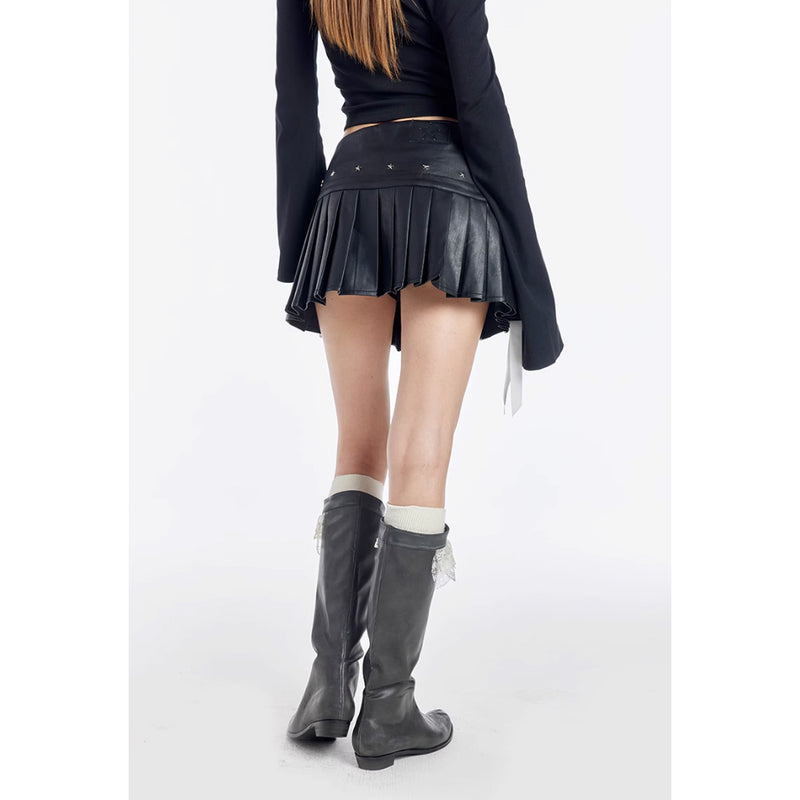 Black Leather Pleated Short Skirt