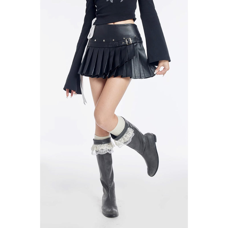 Black Leather Pleated Short Skirt