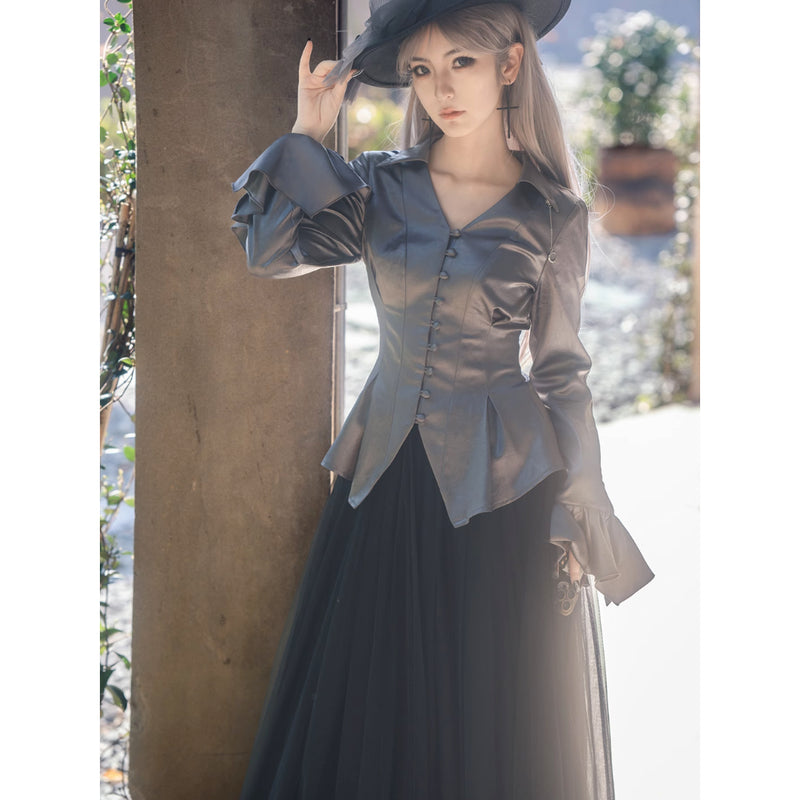 月に咲く薔薇のゴシックブラウス - Gray[2025年7月中旬-8月中旬発送予定]