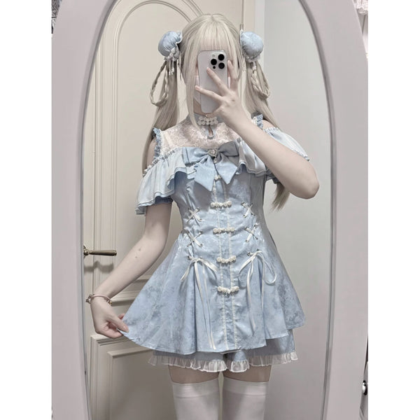 地雷ガールのチャイナワンピースとショートパンツ - Light Blue[2025年7月上旬-8月上旬発送予定]