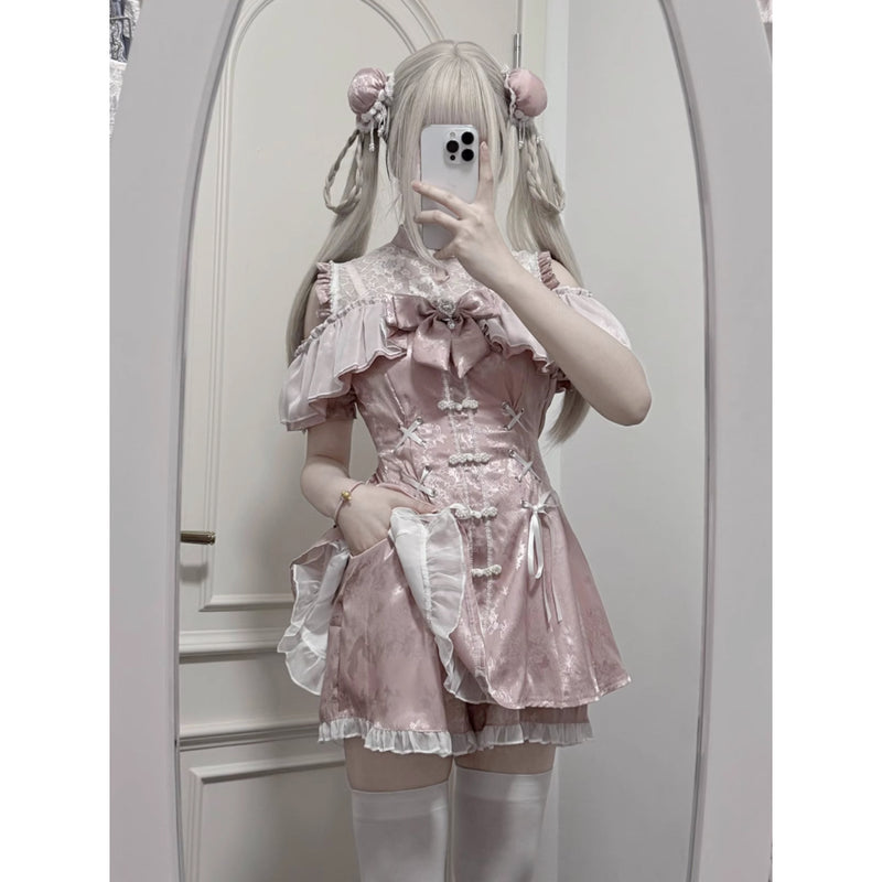 地雷ガールのチャイナワンピースとショートパンツ - Pink[2025年7月上旬-8月上旬発送予定]