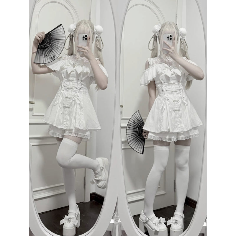 地雷ガールのチャイナワンピースとショートパンツ - White[2025年7月上旬-8月上旬発送予定]