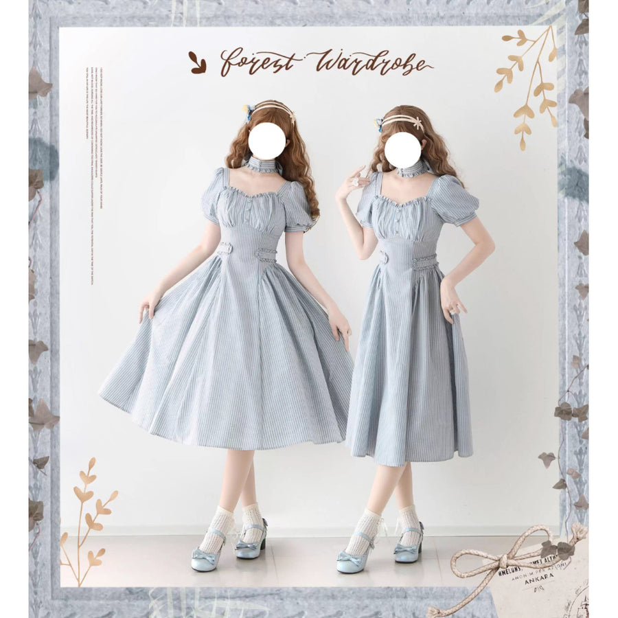英国のお嬢様のクラシカルストライプワンピース - Ice Blue – ManusMachina
