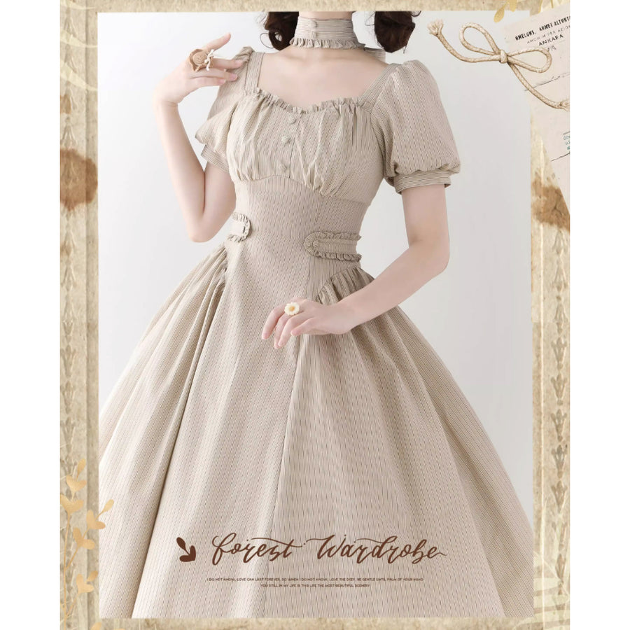 英国のお嬢様のクラシカルストライプワンピース - Sand Beige