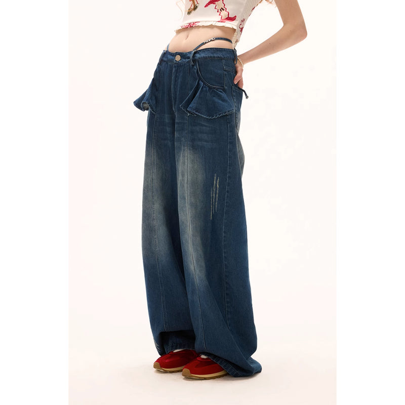 Drawstring Frill Wide Denim Pants