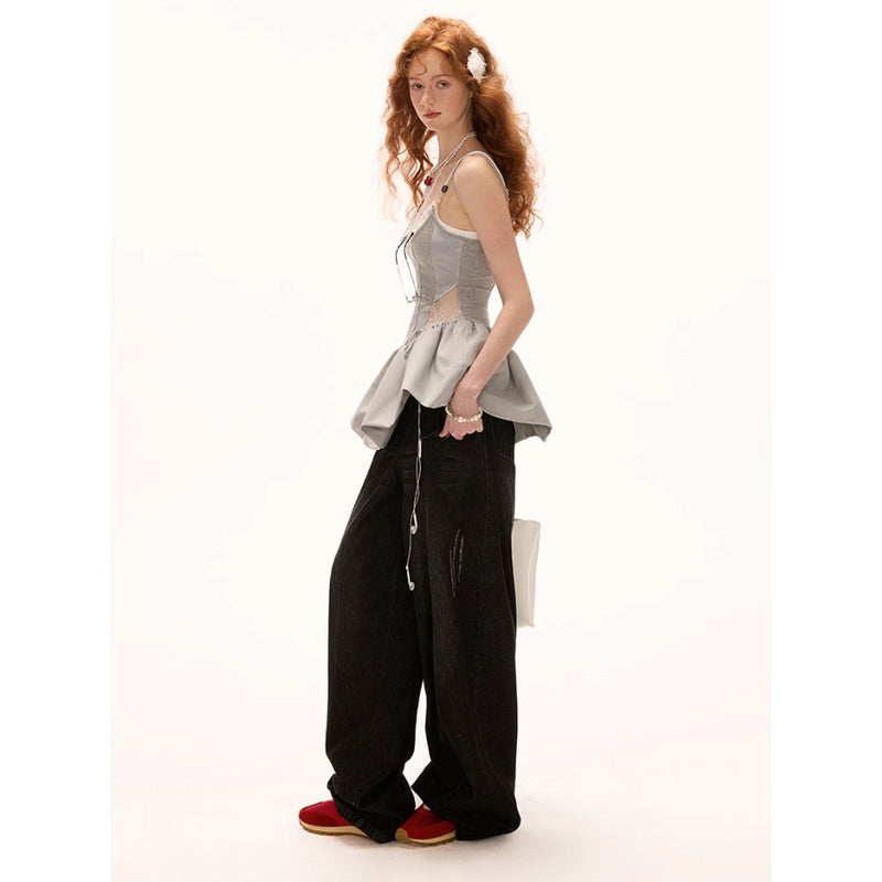 Drawstring Frill Wide Denim Pants