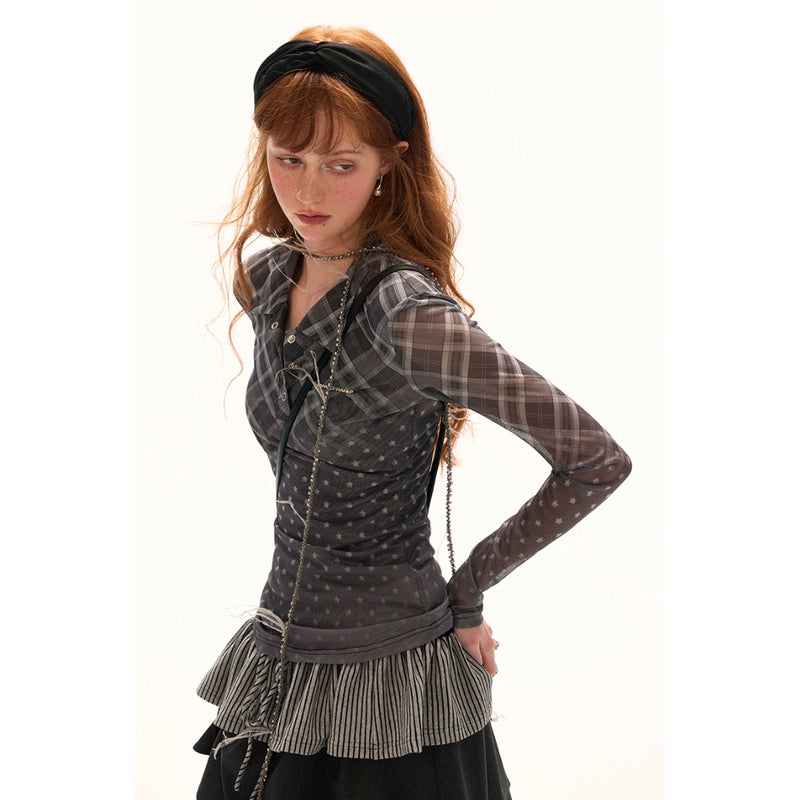Star and Check Mesh Gradient Top