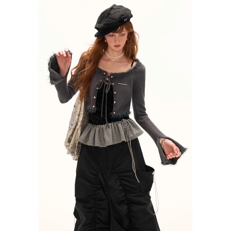 Charcoal Gray Feather Fringe Short Cardigan