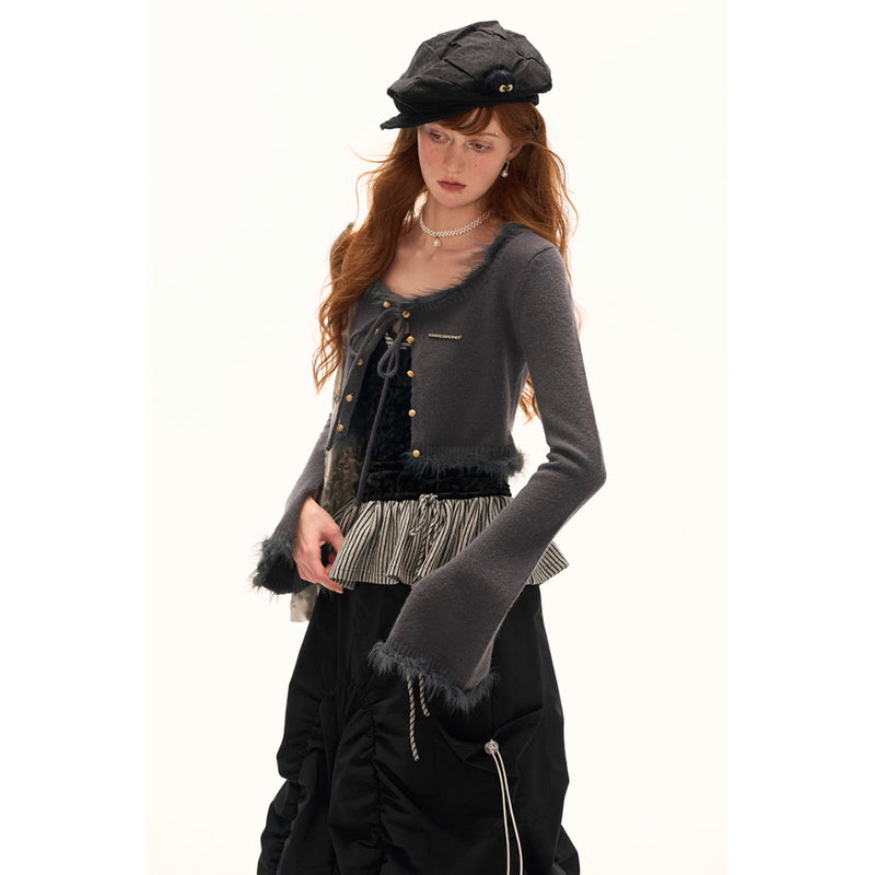 Charcoal Gray Feather Fringe Short Cardigan