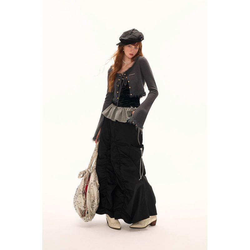 Charcoal Gray Feather Fringe Short Cardigan