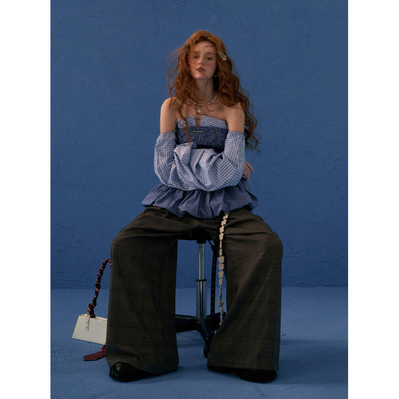 Blue Checkered Shirred Docking Top