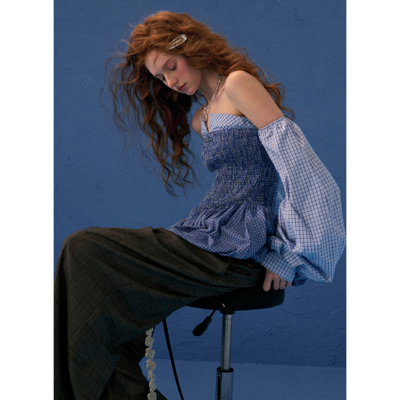 Blue Checkered Shirred Docking Top