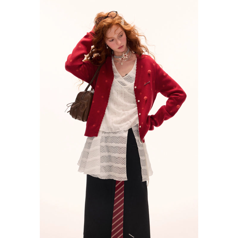 Asymmetrical Polka Dot Knit Cardigan